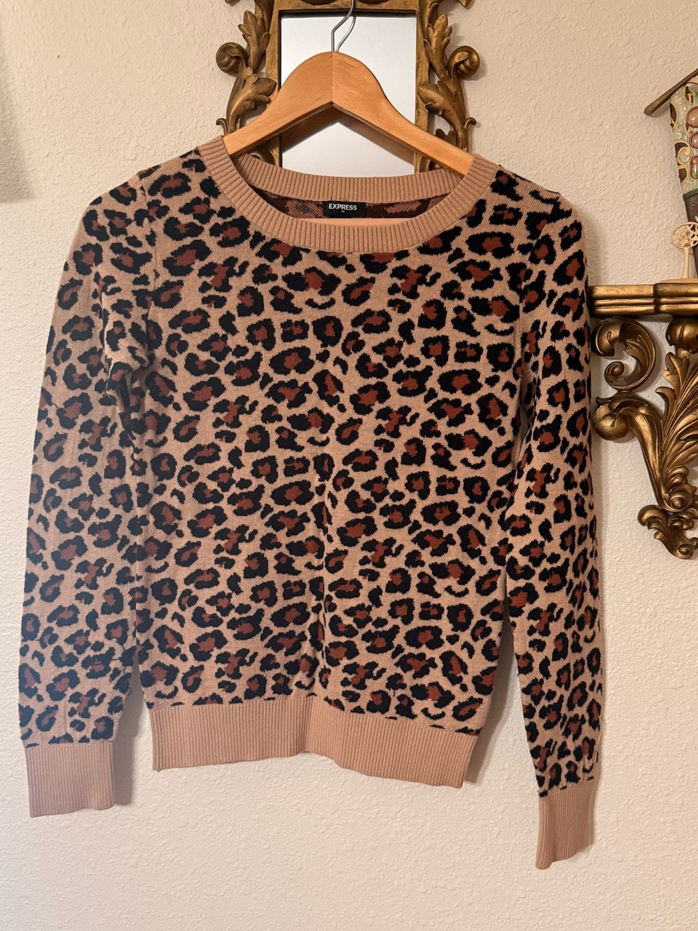 Express Leopard Print Crewneck Sweater in Tan and Black
